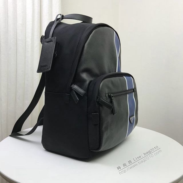 prada男包 普拉達專櫃2020爆款 2VZ066 Prada新款雙肩包 Prada男士後背包 黑+黑+藍  pyd2039